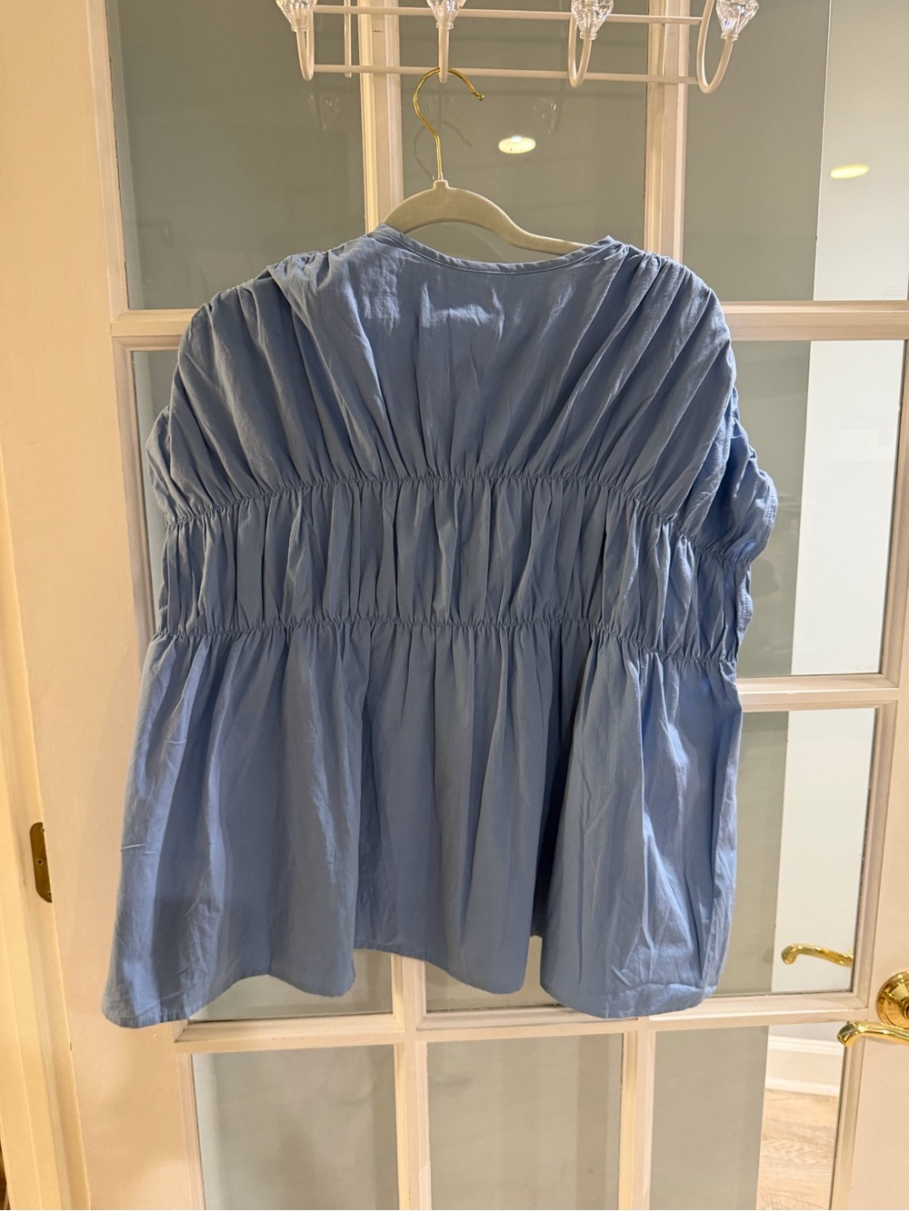 Women’s Smocked Peplum Top Blouse Shirring throughout bodice Sz M Blue W Tie